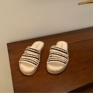CHANEL Women's Black and Cream Espadrille Slides